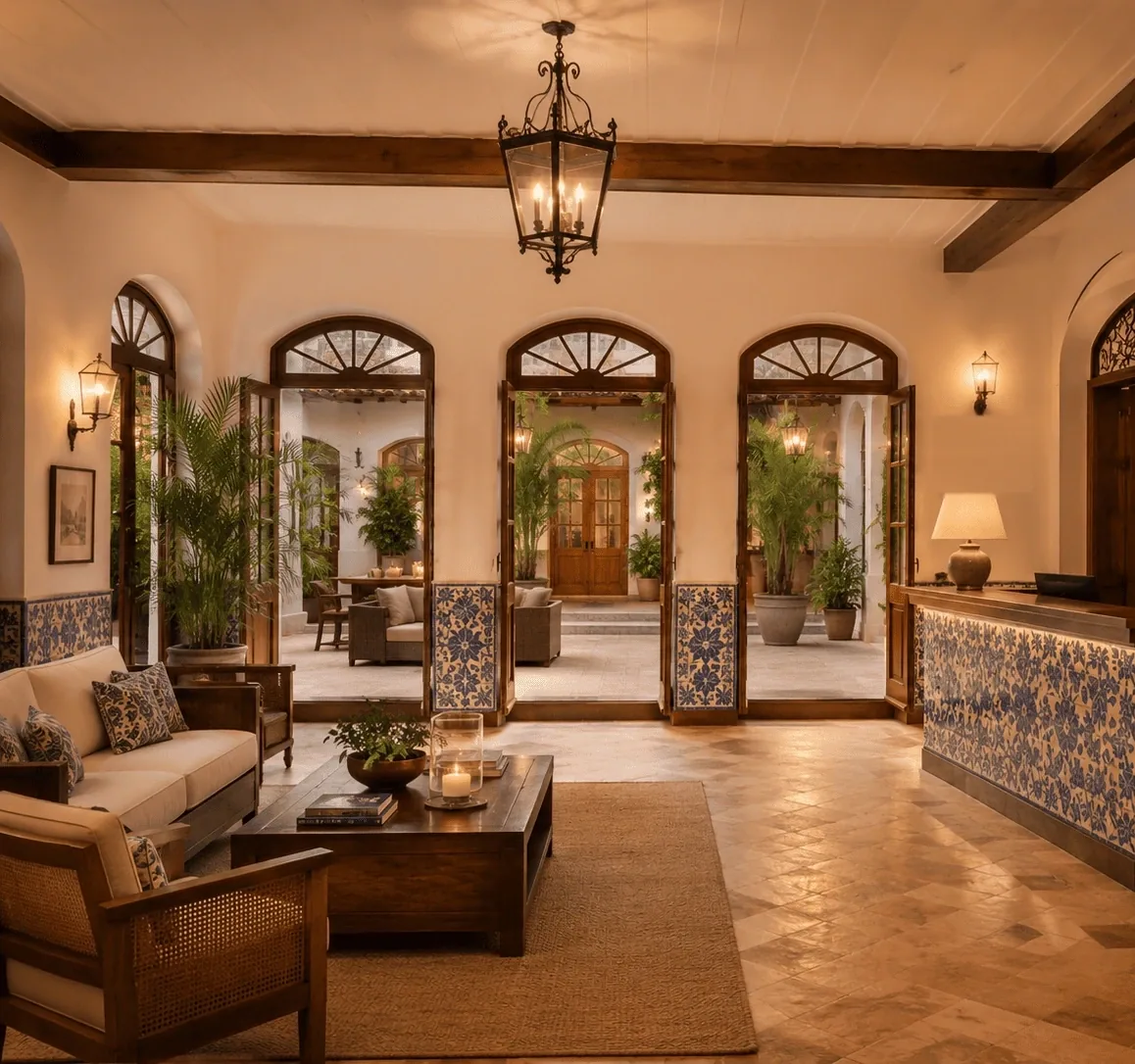 Recepção da Pousada Neri, com balcão revestido de azulejos portugueses