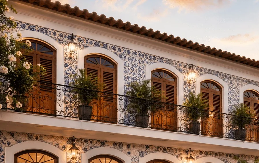 Sacada de ferro e azulejos portugueses da fachada da Pousada Neri, em São Luís