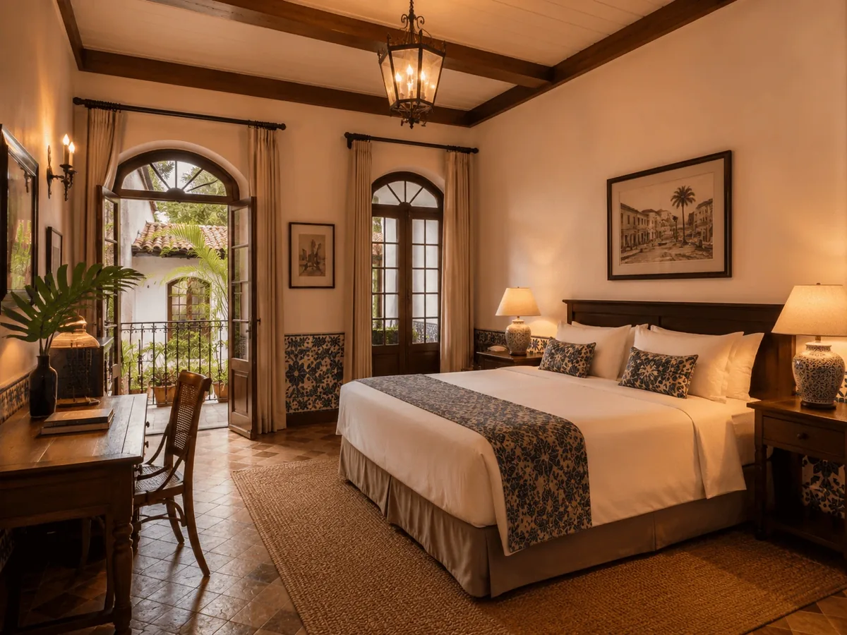 Suíte Colonial da Pousada Neri, com barra de azulejos e varanda, em São Luís